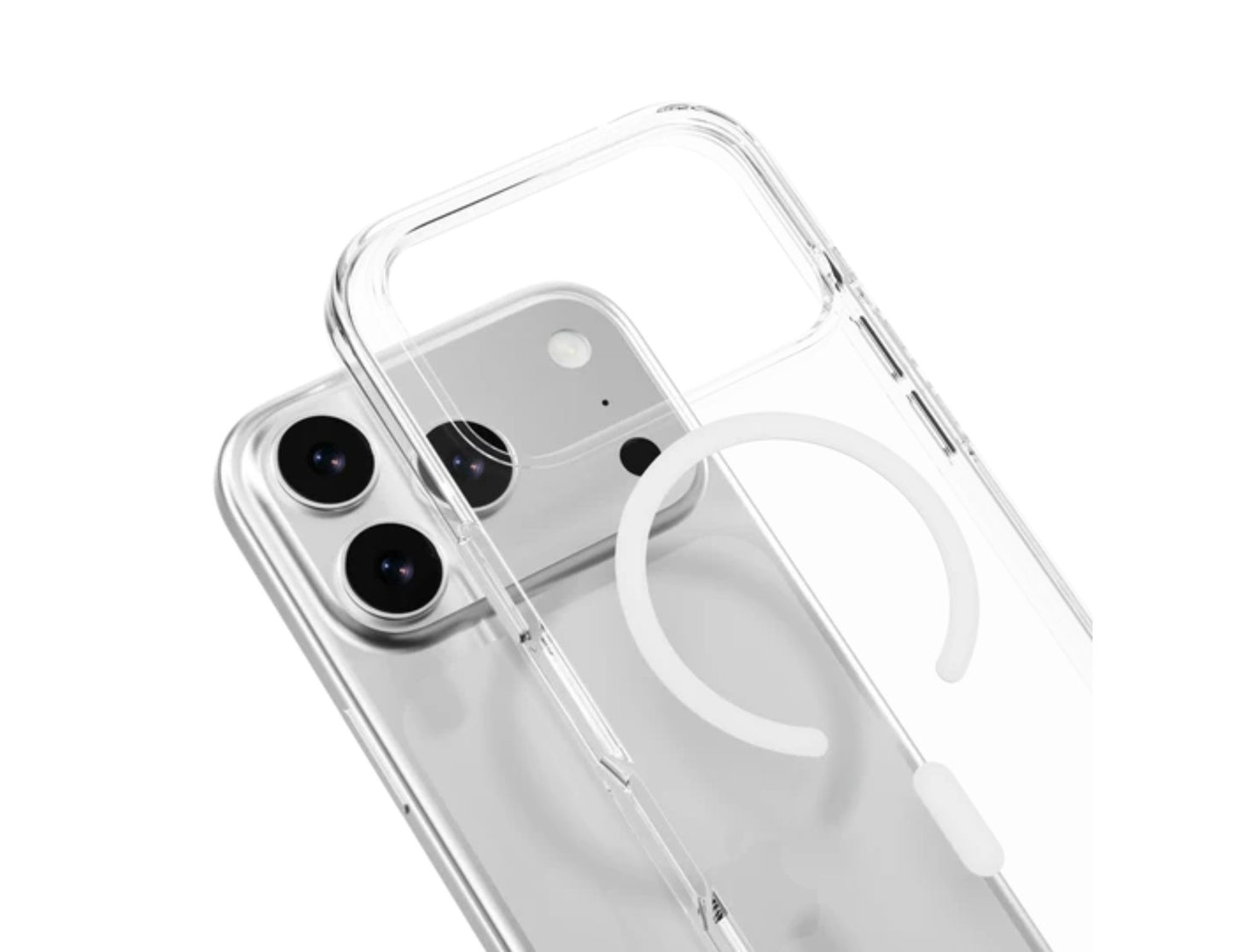 MagEasy Bright M Never Yellowing Protective Clear Case for iPhone 17 Series, MagSafe ring, metal buttons, 16ft drop-proof, anti-yellow, at Thabthaba Store Qatar