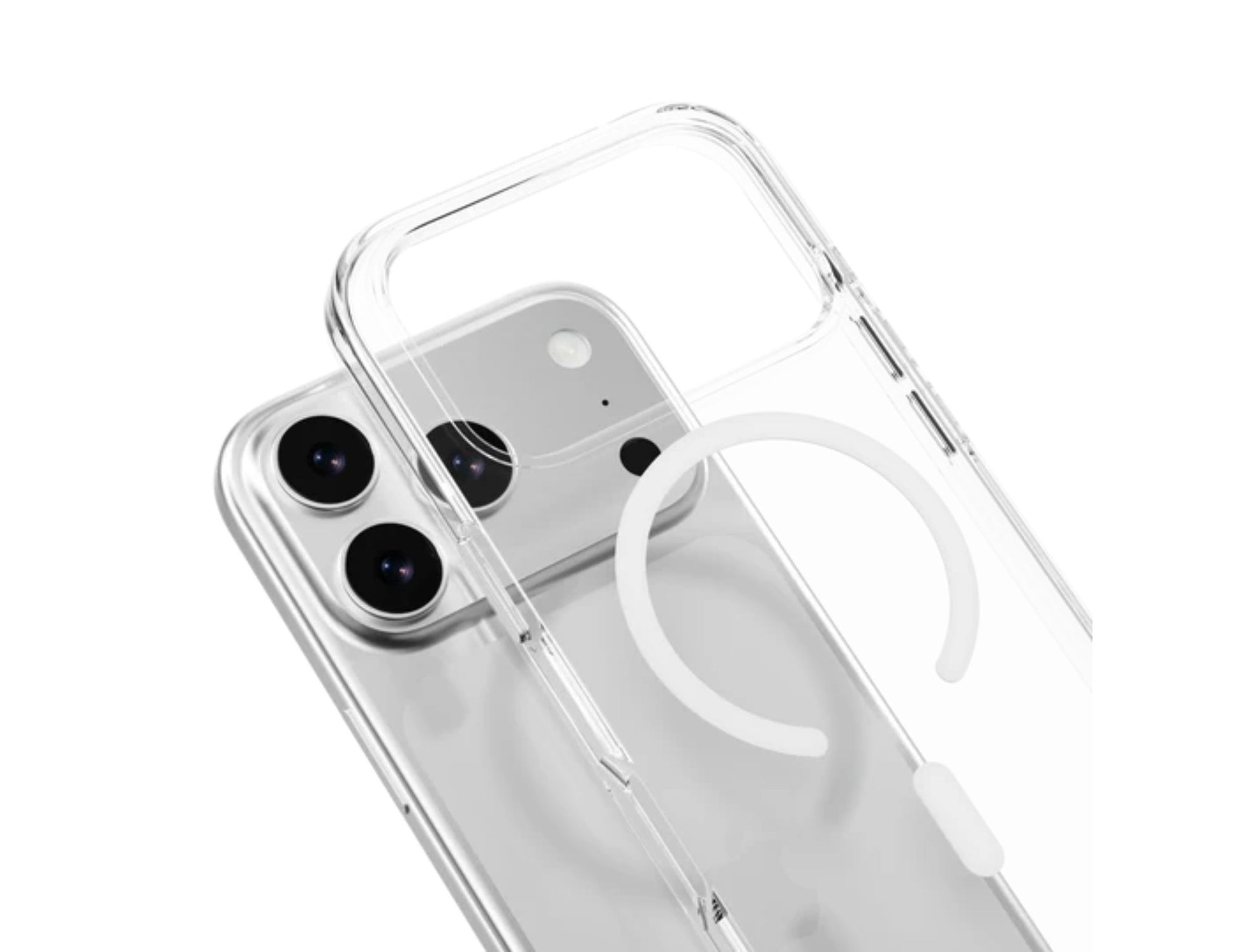 MagEasy Bright M Never Yellowing Protective Clear Case for iPhone 17 Series, MagSafe ring, metal buttons, 16ft drop-proof, anti-yellow, at Thabthaba Store Qatar