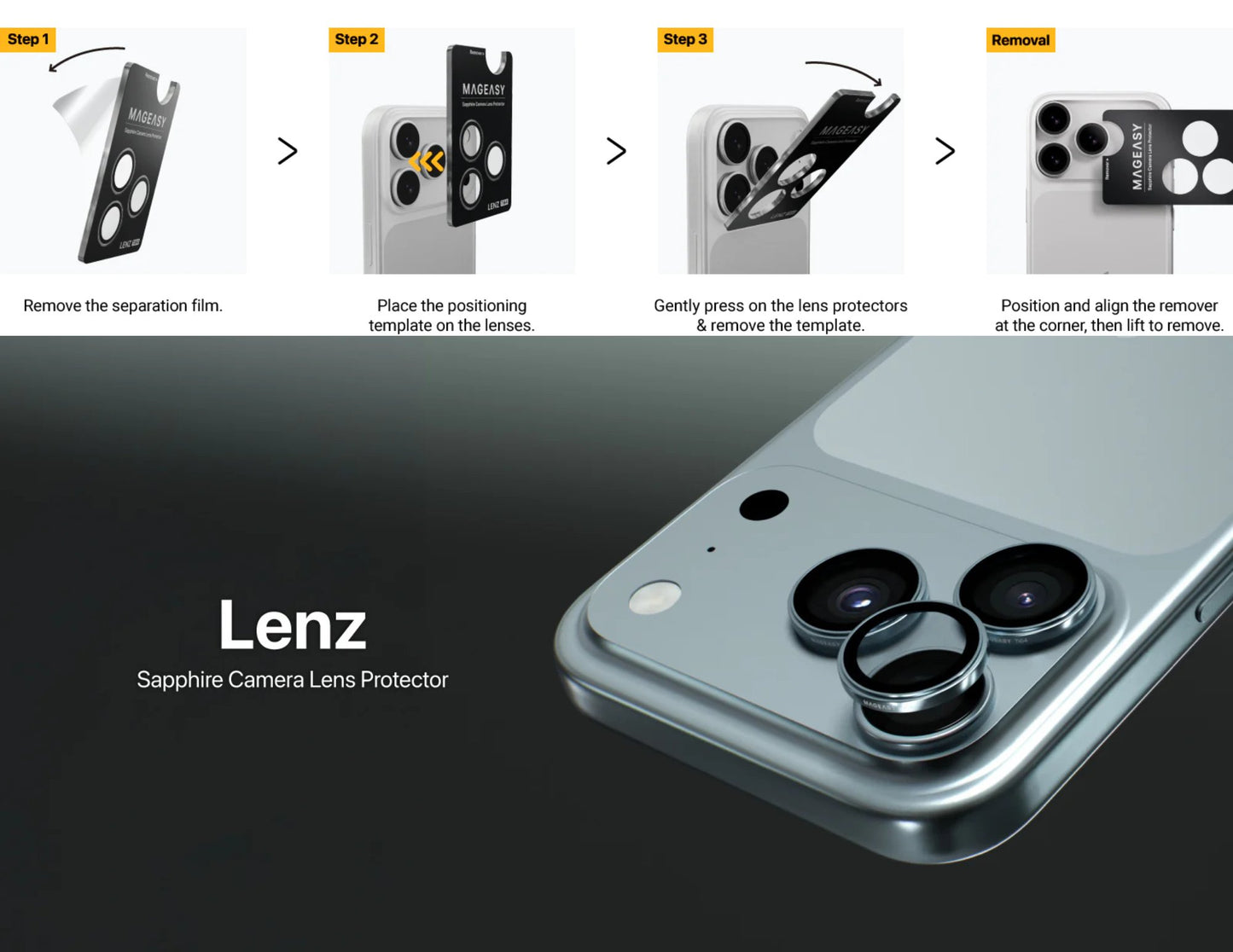 MagEasy Lenz Sapphire Camera Lens Protector for iPhone 17 Pro / Pro Max, synthetic sapphire, IP68 waterproof, PVD MAX titanium metal frame, easy install, at Thabthaba Store Qatar