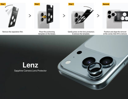 MagEasy Lenz Sapphire Camera Lens Protector for iPhone 17 Pro / Pro Max, synthetic sapphire, IP68 waterproof, PVD MAX titanium metal frame, easy install, at Thabthaba Store Qatar