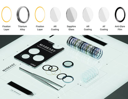 MagEasy Lenz Sapphire Camera Lens Protector for iPhone 17 Pro / Pro Max, synthetic sapphire, IP68 waterproof, PVD MAX titanium metal frame, easy install, at Thabthaba Store Qatar