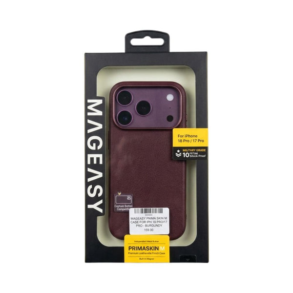 Mageasy PrimaSkin M premium leatherette magnetic case for iPhone 18 Pro in Burgundy with 10ft drop protection Qatar