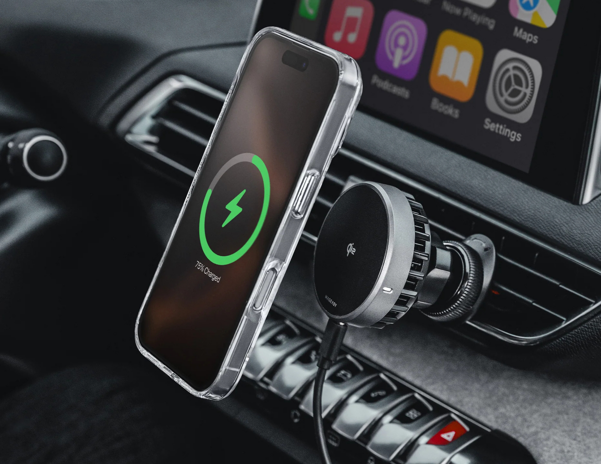 iPhone charging with MagMount Car Charger MAAIWA283SG24 on a clean dashboard.