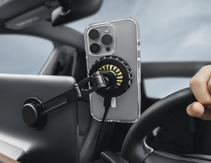 MagMount Car Screen Charger MCGIPH301SG24 attached securely to a car screen.
