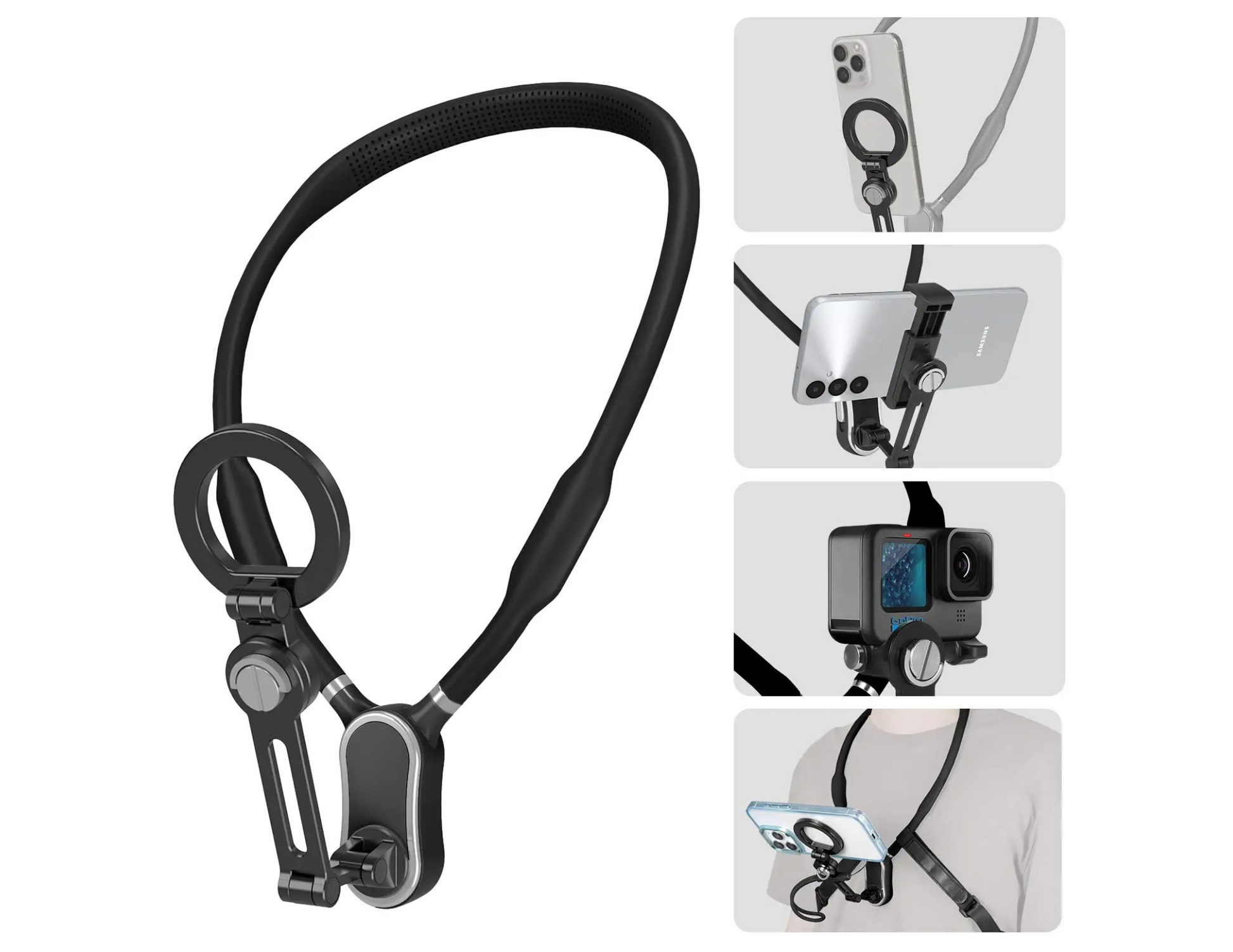 Components of the Magnetic Neck POV Mount showing replaceable and adaptable accessories.