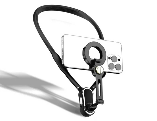 Magnetic Neck POV Mount with a smartphone attached, showcasing hands-free functionality.