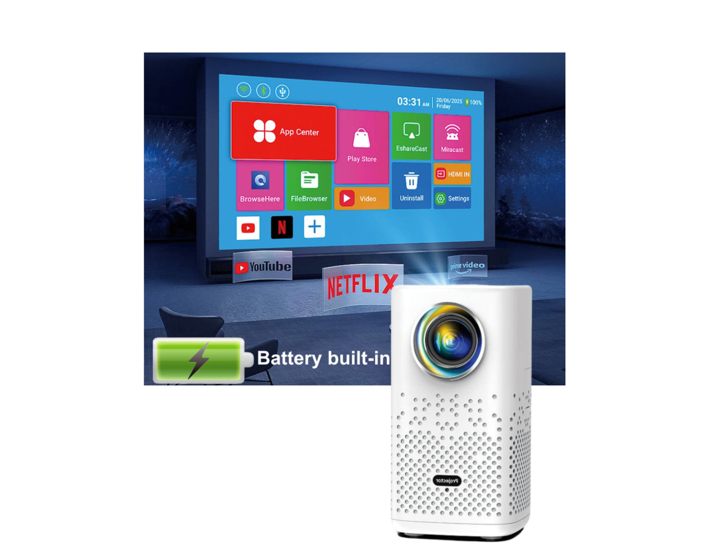 Mini Portable Projector H1P 720P Android 13 with auto keystone and HDMI, Thabthaba Store Qatar