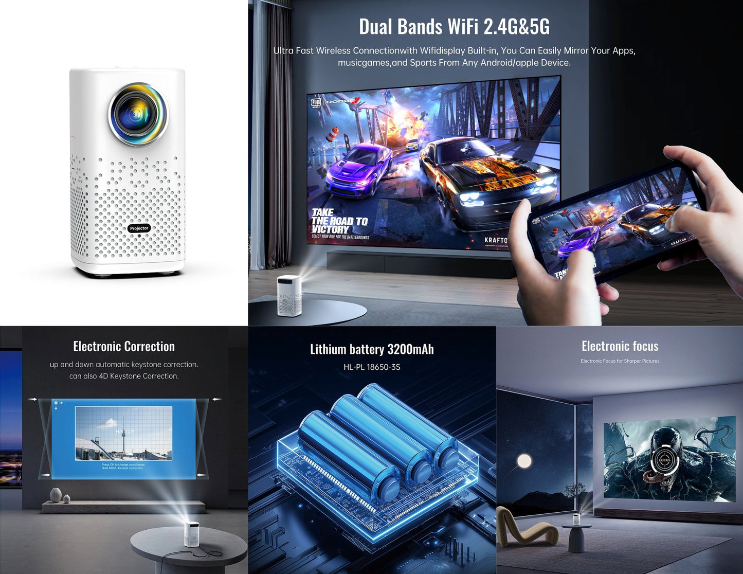 Mini Portable Projector H1P 720P Android 13 with auto keystone and HDMI, Thabthaba Store Qatar