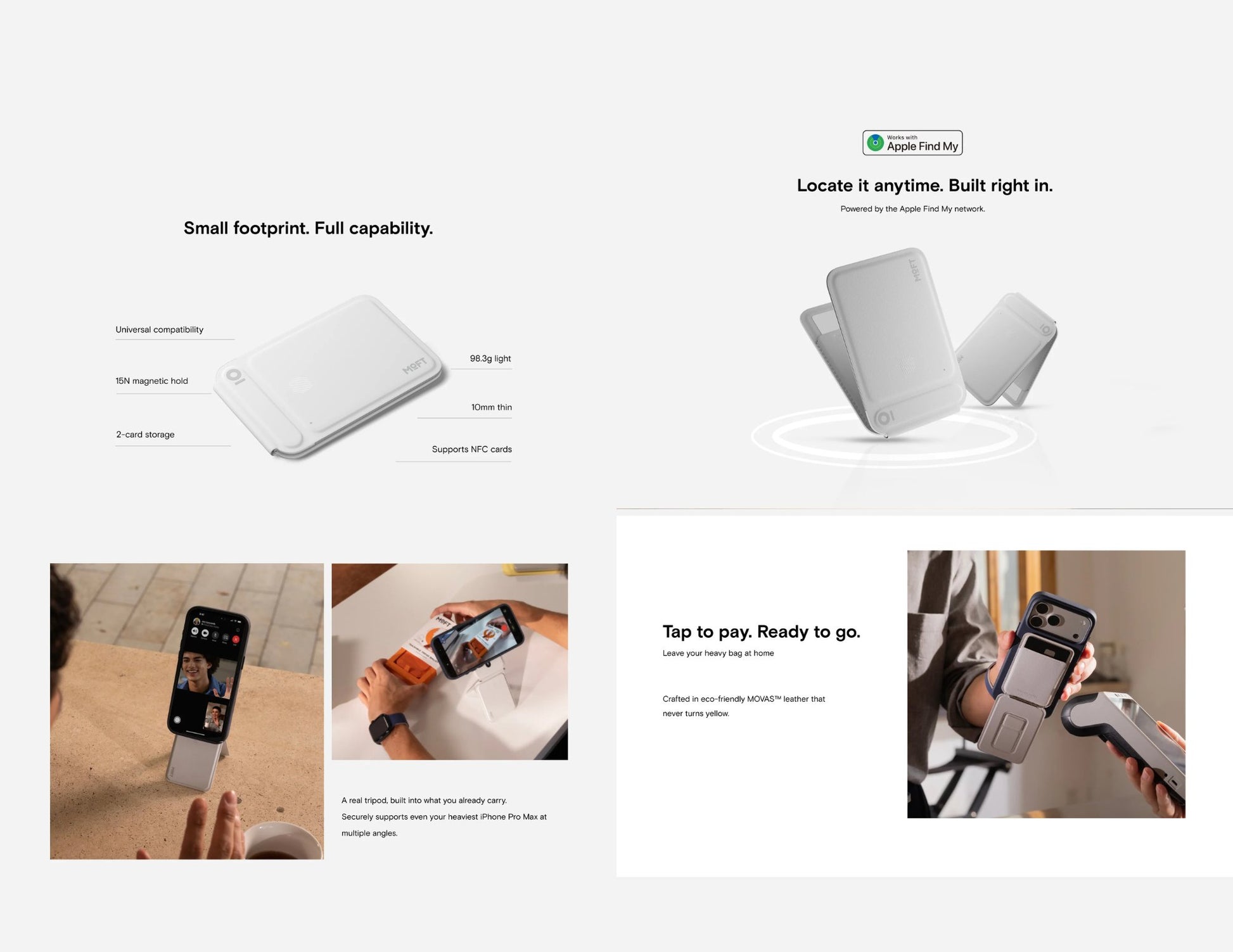MOFT Trackable Tripod Wallet MagSafe compatible with stand modes and global location tracking.