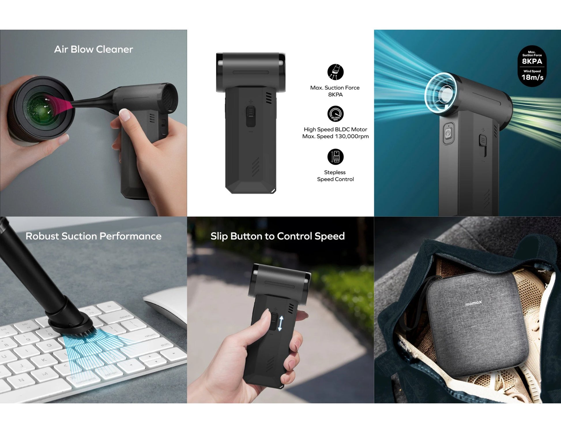 Momax 1° Airo RO12 2-in-1 portable high-speed fan and vacuum cleaner with nozzles and travel pouch at Thabthaba Store Qatar.