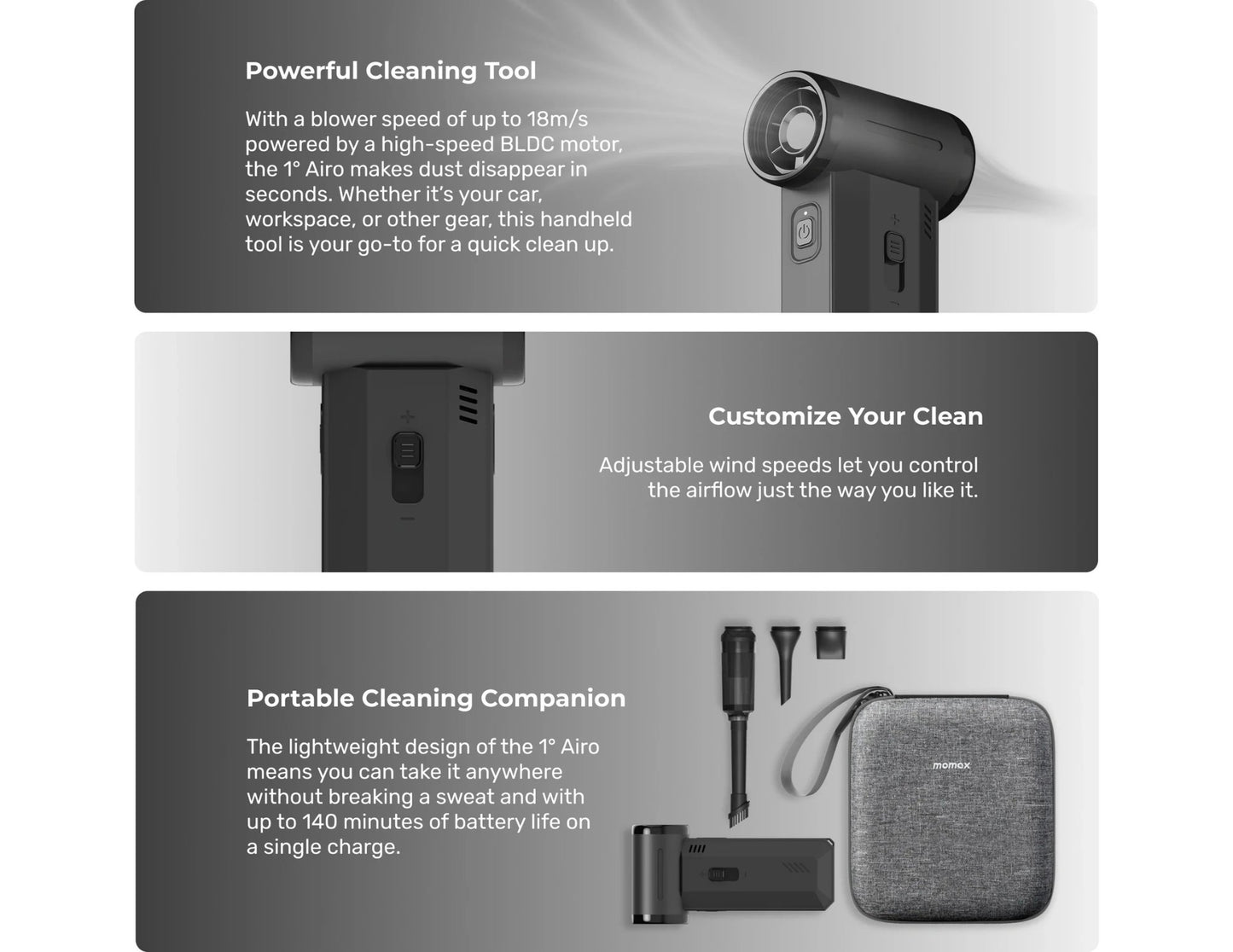 Momax 1° Airo RO12 2-in-1 portable high-speed fan and vacuum cleaner with nozzles and travel pouch at Thabthaba Store Qatar.