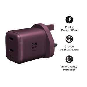Momax 1-Charge 45W 2-Port GaN Charger in Dusky Cherry with dual USB-C ports and PD 3.2 fast charging in Qatar