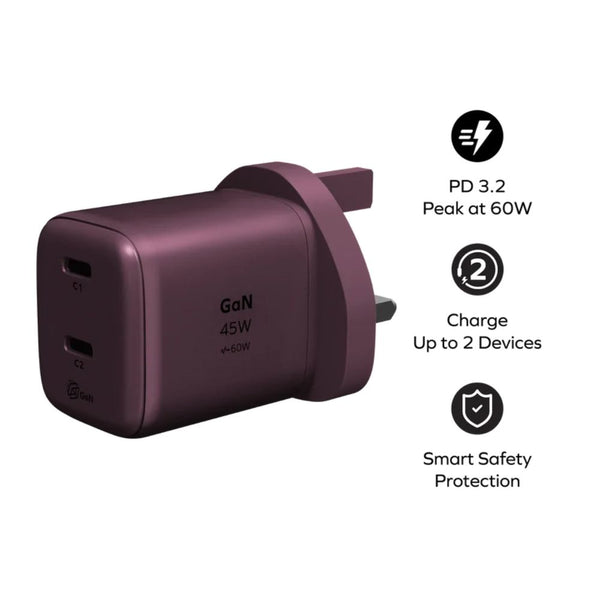 Momax 1-Charge 45W 2-Port GaN Charger in Dusky Cherry with dual USB-C ports and PD 3.2 fast charging in Qatar