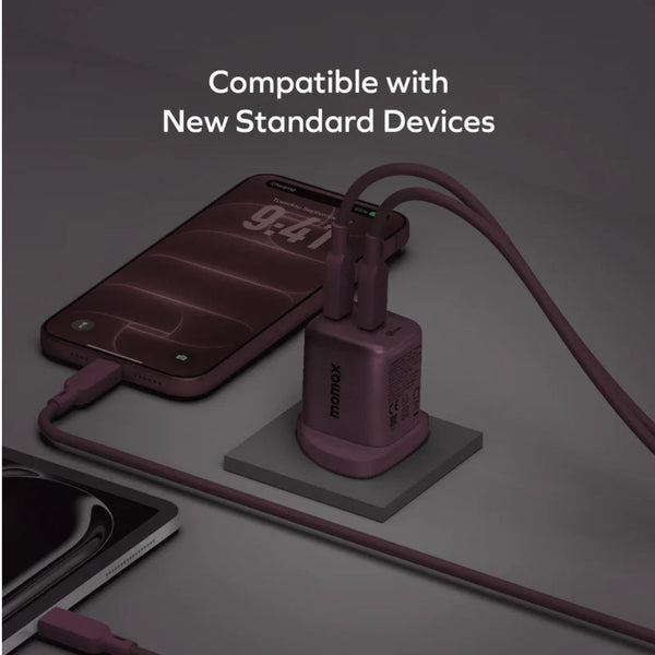 Momax 1-Charge 45W 2-Port GaN Charger in Dusky Cherry with dual USB-C ports and PD 3.2 fast charging in Qatar