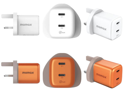 Momax 1-Charge 45W dual USB-C GaN charger compact PD PPS orange white for laptop phone Qatar