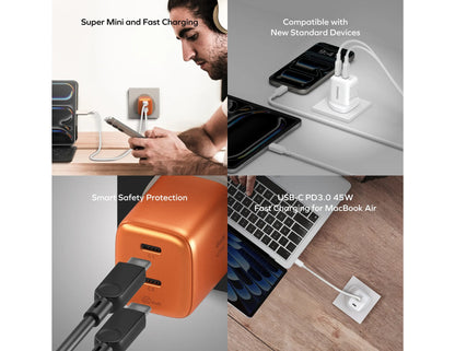 Momax 1-Charge 45W dual USB-C GaN charger compact PD PPS orange white for laptop phone Qatar