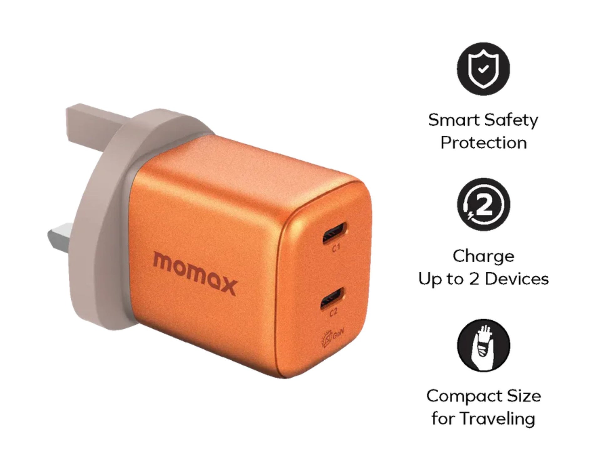 Momax 1-Charge 45W dual USB-C GaN charger compact PD PPS orange white for laptop phone Qatar
