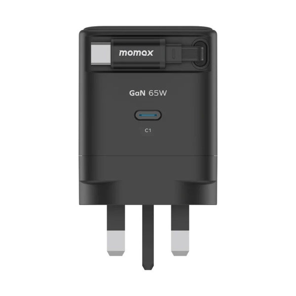 Momax 1-Charge+ 65W GaN charger with built-in retractable USB-C cable and USB-C port Black Qatar