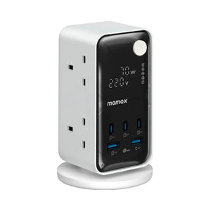 Momax 1-Charge Work Flow 70W Power Tower with six AC outlets, USB-C PD ports, USB-A charging and digital display in Qatar