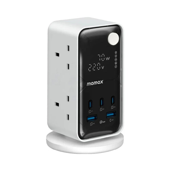 Momax 1-Charge Work Flow 70W Power Tower with six AC outlets, USB-C PD ports, USB-A charging and digital display in Qatar