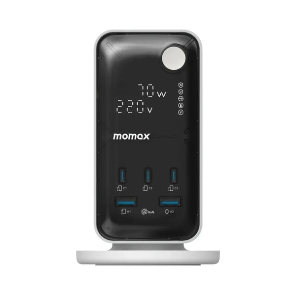 Momax 1-Charge Work Flow 70W Power Tower with six AC outlets, USB-C PD ports, USB-A charging and digital display in Qatar