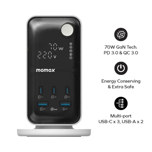 Momax 1-Charge Work Flow 70W Power Tower with six AC outlets, USB-C PD ports, USB-A charging and digital display in Qatar
