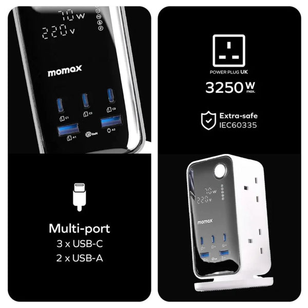 Momax 1-Charge Work Flow 70W Power Tower with six AC outlets, USB-C PD ports, USB-A charging and digital display in Qatar