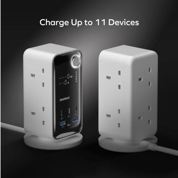 Momax 1-Charge Work Flow 70W Power Tower with six AC outlets, USB-C PD ports, USB-A charging and digital display in Qatar