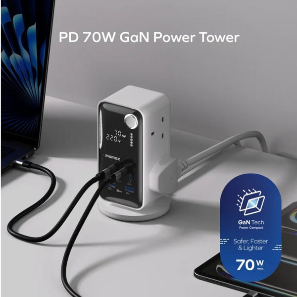 Momax 1-Charge Work Flow 70W Power Tower with six AC outlets, USB-C PD ports, USB-A charging and digital display in Qatar