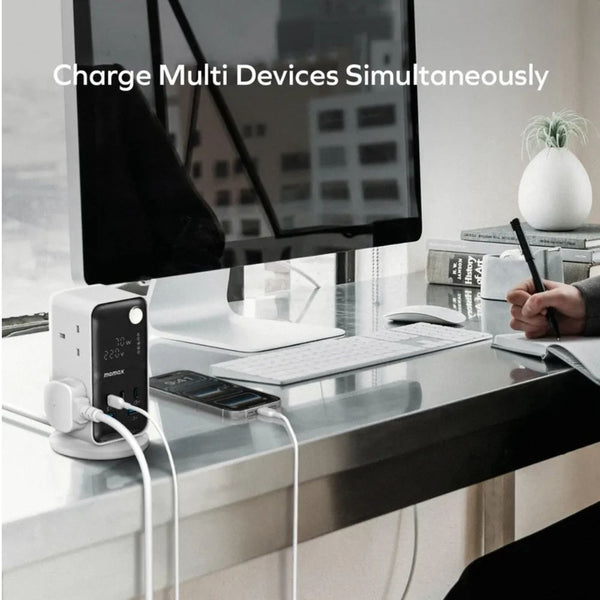 Momax 1-Charge Work Flow 70W Power Tower with six AC outlets, USB-C PD ports, USB-A charging and digital display in Qatar