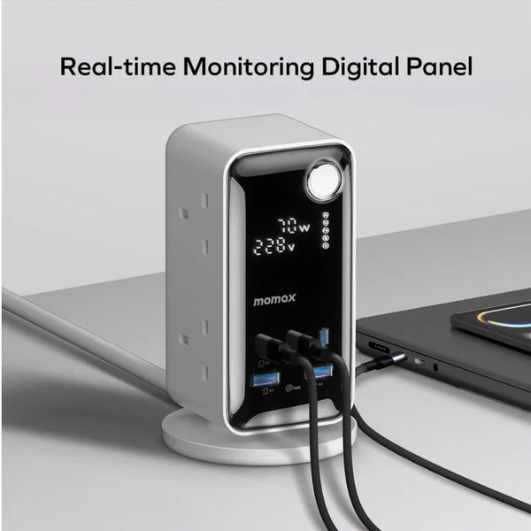 Momax 1-Charge Work Flow 70W Power Tower with six AC outlets, USB-C PD ports, USB-A charging and digital display in Qatar