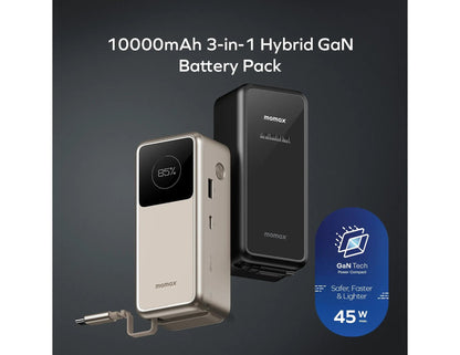 Momax 1-PAC+ 10000mAh GaN battery pack with retractable cable and TFT display at Thabthaba Store Qatar.