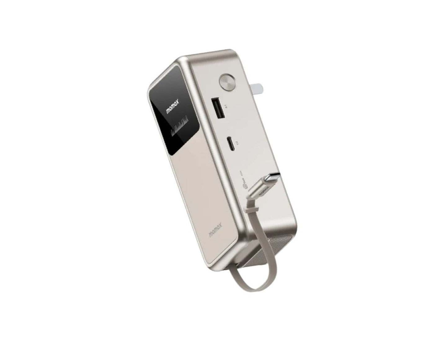 Momax 1-PAC+ 10000mAh GaN battery pack with retractable cable and TFT display at Thabthaba Store Qatar.