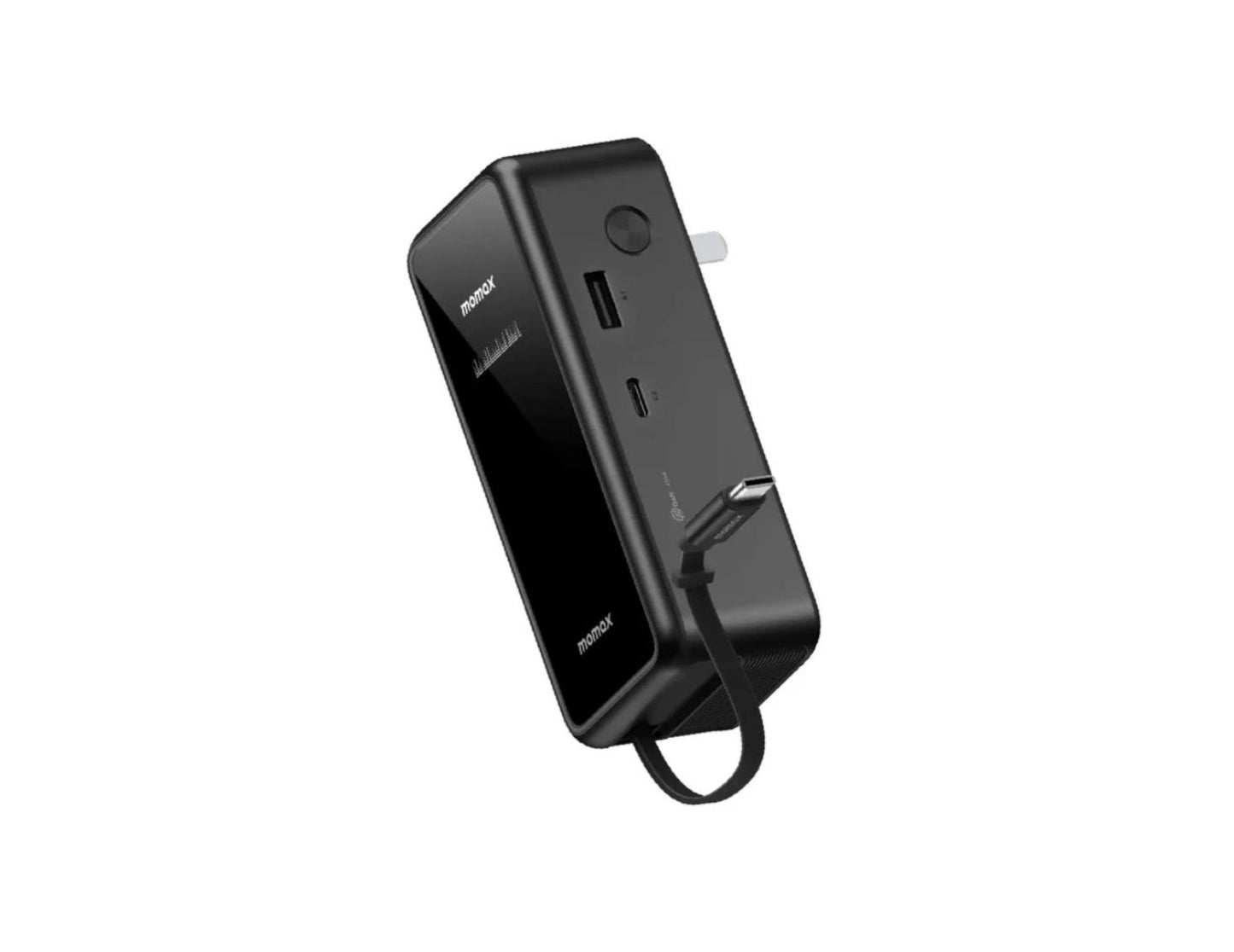 Momax 1-PAC+ 10000mAh GaN battery pack with retractable cable and TFT display at Thabthaba Store Qatar.