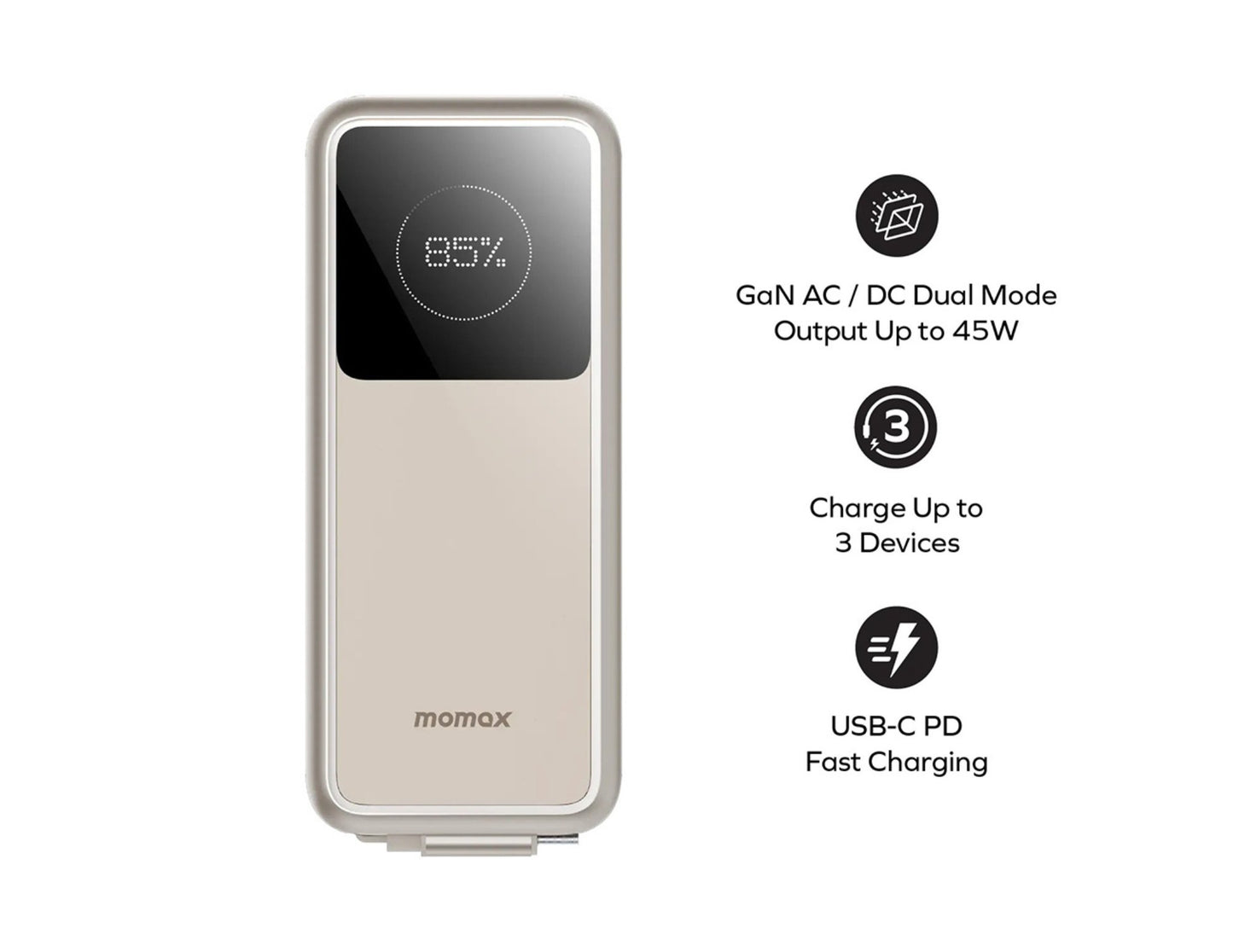 Momax 1-PAC+ 10000mAh GaN battery pack with retractable cable and TFT display at Thabthaba Store Qatar.