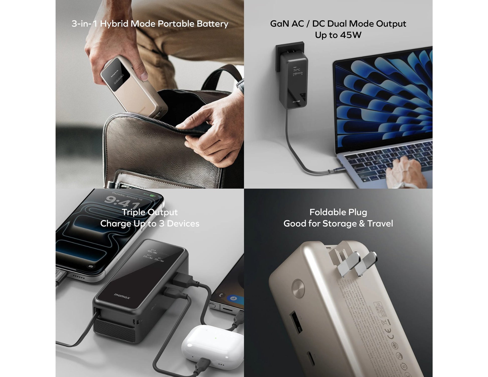 Momax 1-PAC+ 10000mAh GaN battery pack with retractable cable and TFT display at Thabthaba Store Qatar.