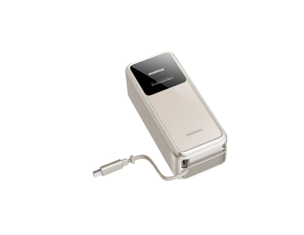Momax 1-PAC+ 10000mAh GaN battery pack with retractable cable and TFT display at Thabthaba Store Qatar.