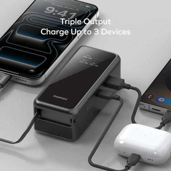 Momax 1-PAC+ 10000mAh GaN battery pack black with 45W PD charging retractable USB-C cable and TFT display Qatar