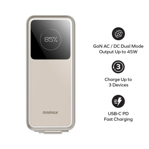 Momax 1-PAC+ 10000mAh GaN battery pack titanium with 45W PD charging retractable USB-C cable and TFT display Qatar