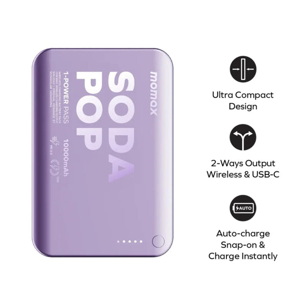 Momax 1-Power Pass magnetic wireless power bank 10000mAh 20W fast charging Purple Soda Pop Qatar