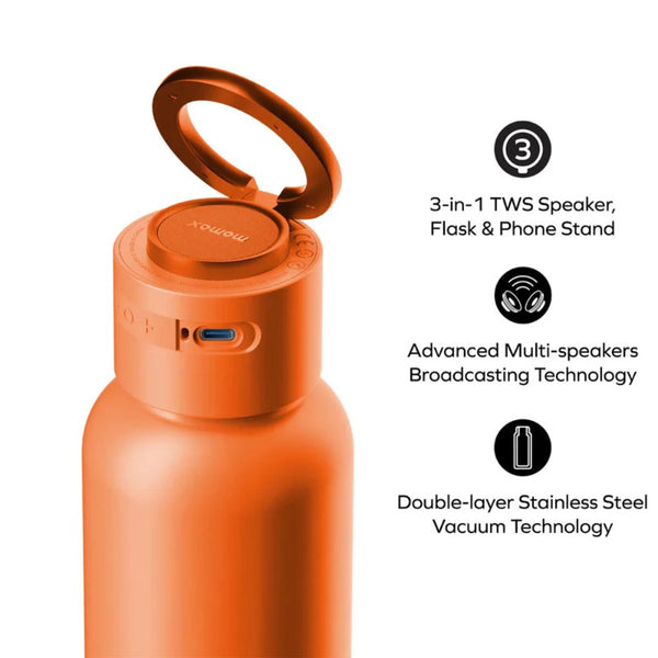 Momax 1-Vibe Bottle magnetic wireless speaker flask with insulated stainless steel design Solar Orange Qatar