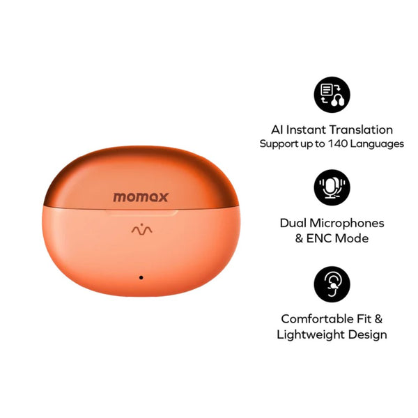 Momax 1-Vibe Clip M.IN.D AI translation clip-on earbuds solar orange Bluetooth 6.0 ENC Qatar