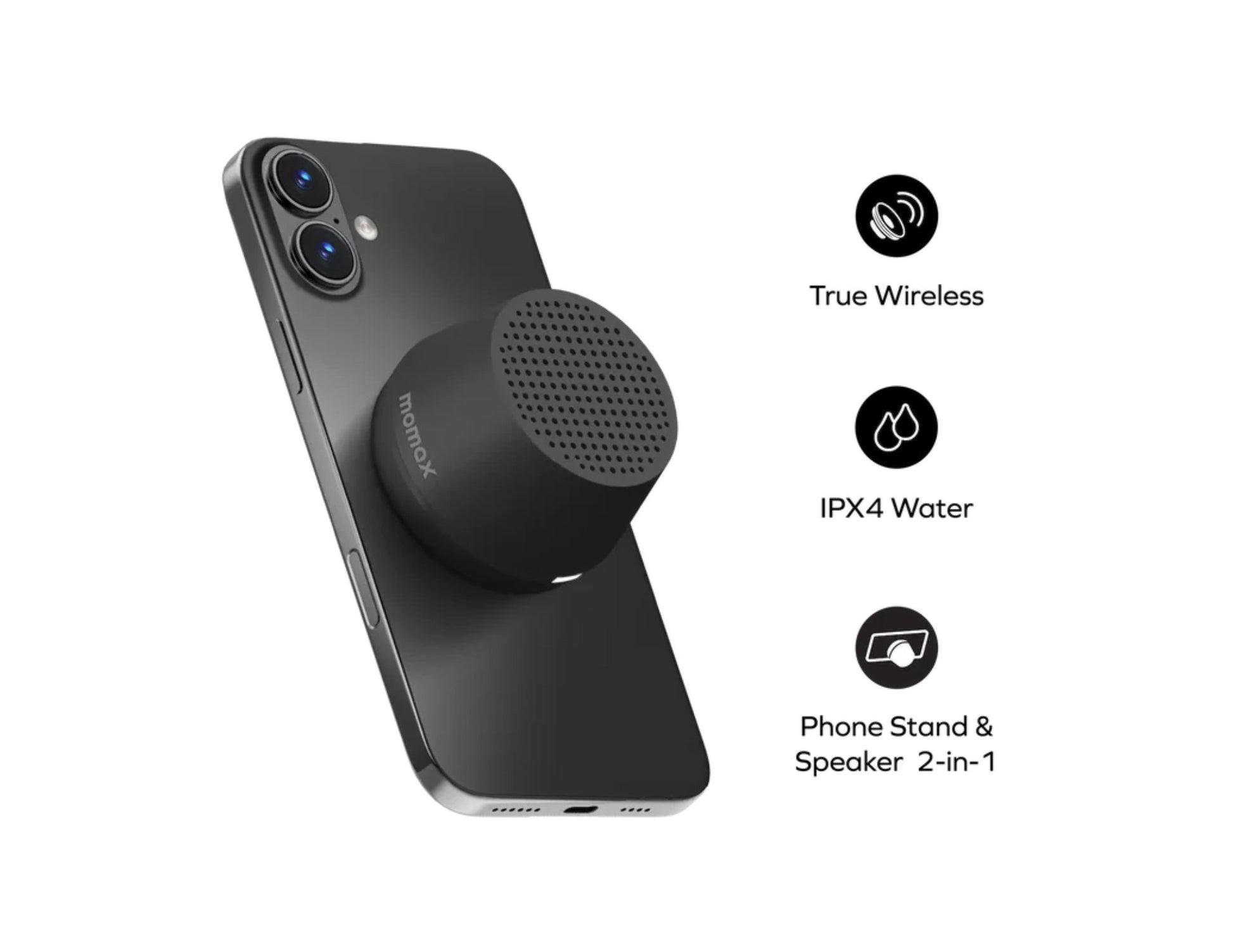 Momax 1-Vibe Go Lite BS8 magnetic wireless speaker with phone stand and TWS, Thabthaba Store Qatar