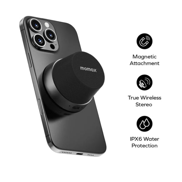 Momax 1-Vibe Go magnetic portable true wireless speaker with TWS and IPX6 protection in Black Qatar