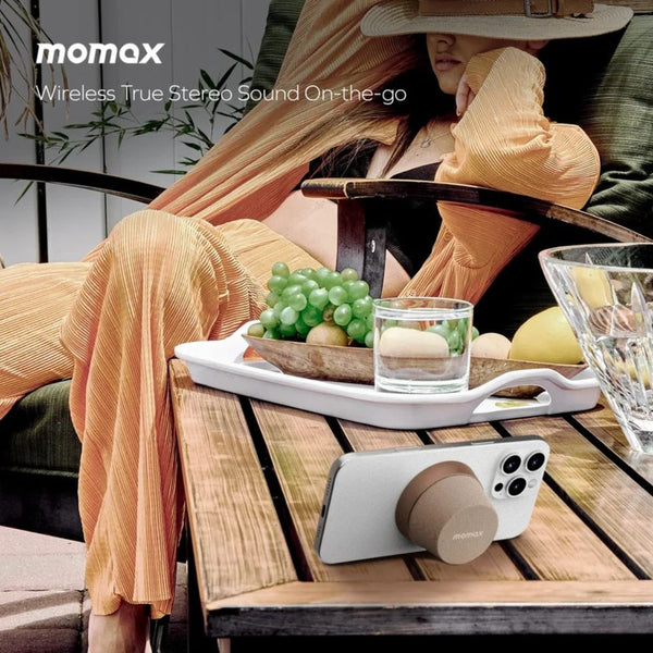 Momax 1-Vibe Go magnetic portable true wireless speaker with TWS and IPX6 protection in Sandstone Qatar