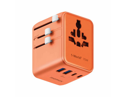 Momax 1-World² mini universal travel GaN charger 70W orange with dual AC outlet and USB ports.