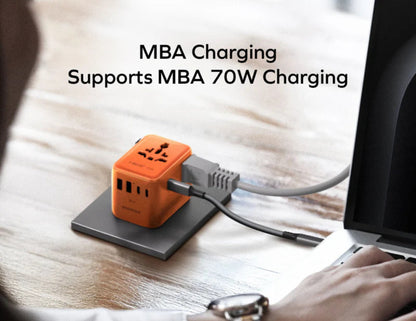Momax 1-World² mini universal travel GaN charger 70W orange with dual AC outlet and USB ports.