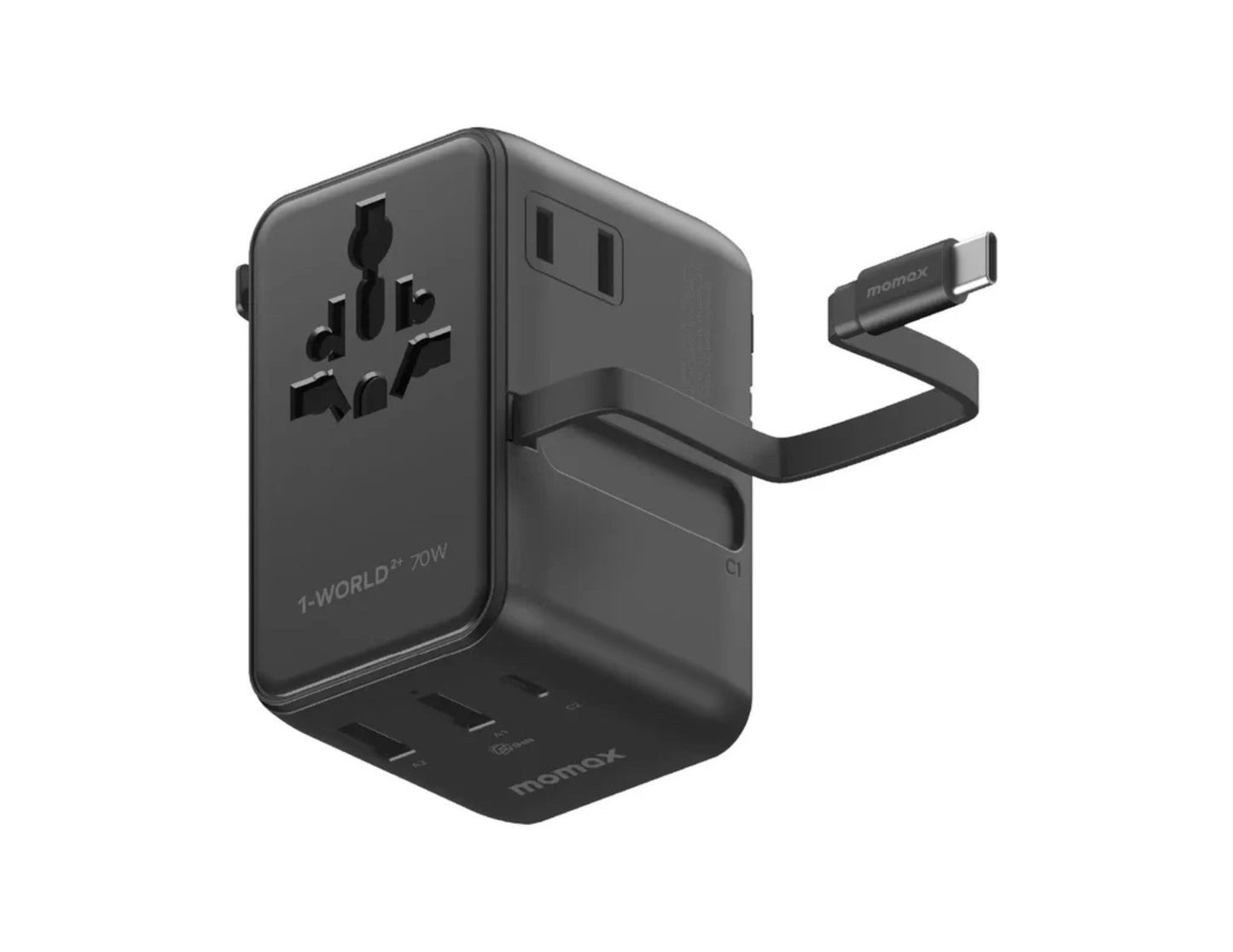 Momax 1-World²⁺ 70W dual AC travel adapter with retractable USB-C cable and universal plugs.