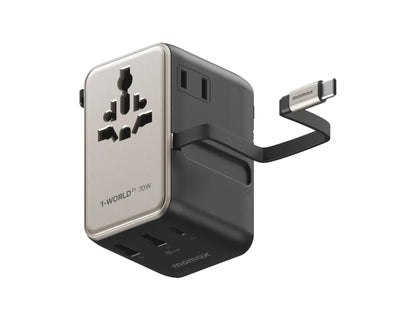 Momax 1-World²⁺ 70W dual AC travel adapter with retractable USB-C cable and universal plugs.