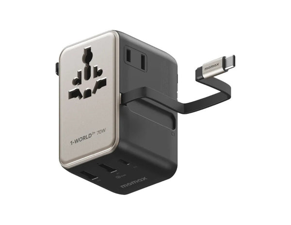 Momax 1-World²⁺ 70W dual AC travel adapter with retractable USB-C cable and universal plugs.